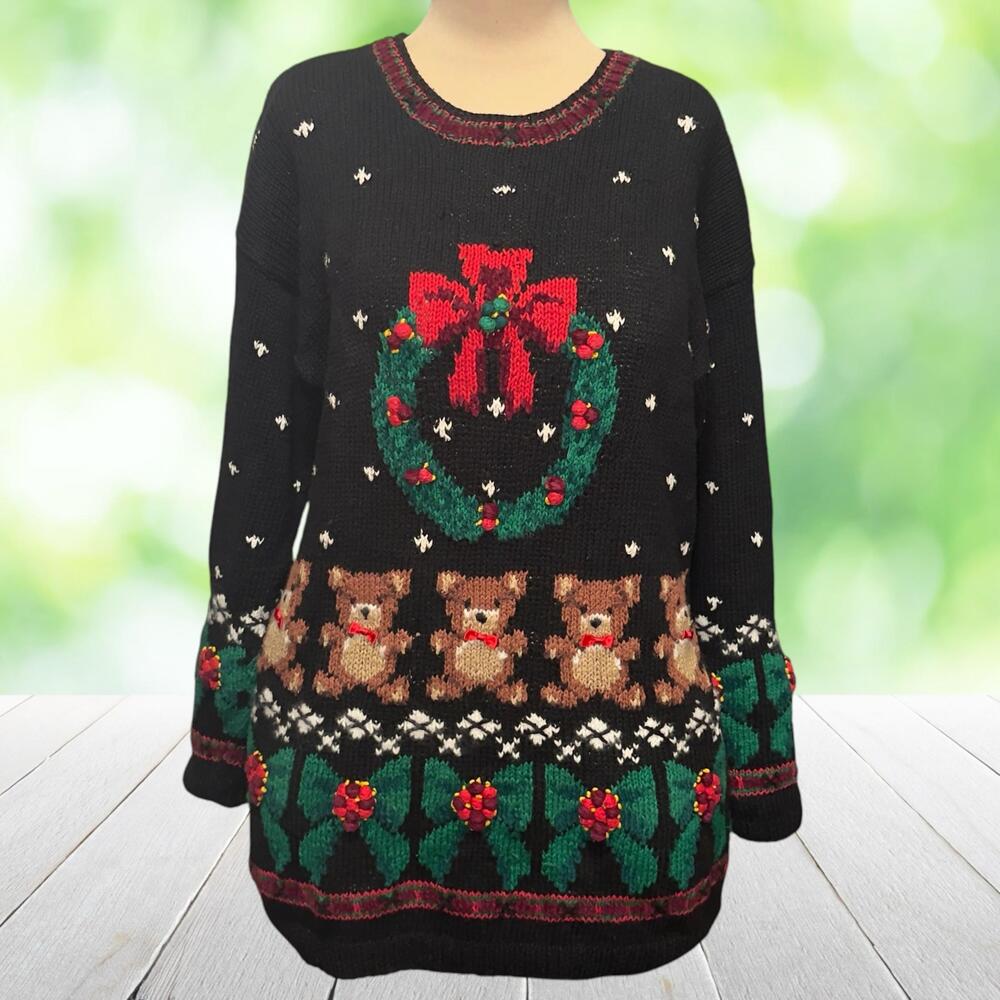 Vintage MARISA CHRISTINA Hand Knit Christmas Sweater Teddy Bear Wreath Tunic L